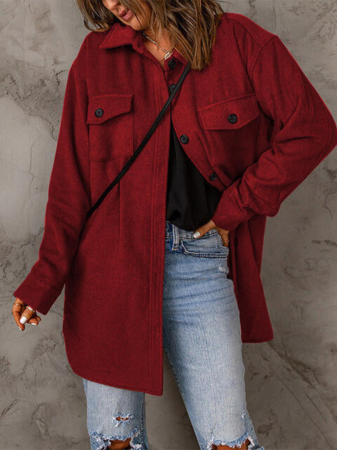 Drop Shoulder Button Down Collared Longline Shacket Coat