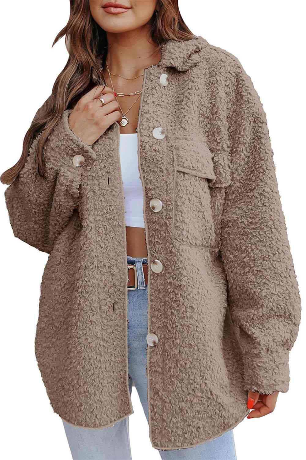 Collared Neck Button Front Sherpa Coat with Pocket