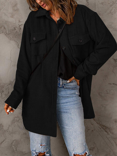 Drop Shoulder Button Down Collared Longline Shacket Coat