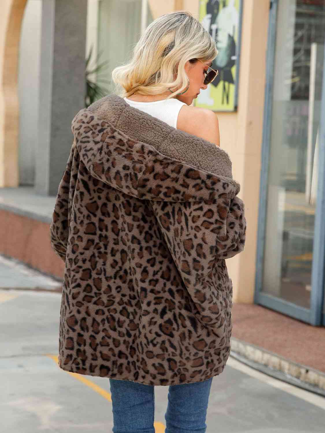 Leopard Hooded Sherpa Coat with Pockets