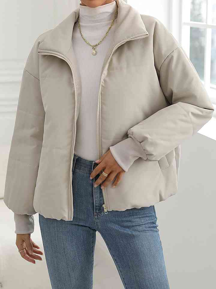 Cream Zip-Up Drop Shoulder Puffer Jacket