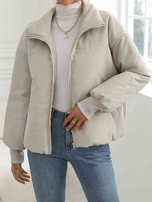 Cream Zip-Up Drop Shoulder Puffer Jacket