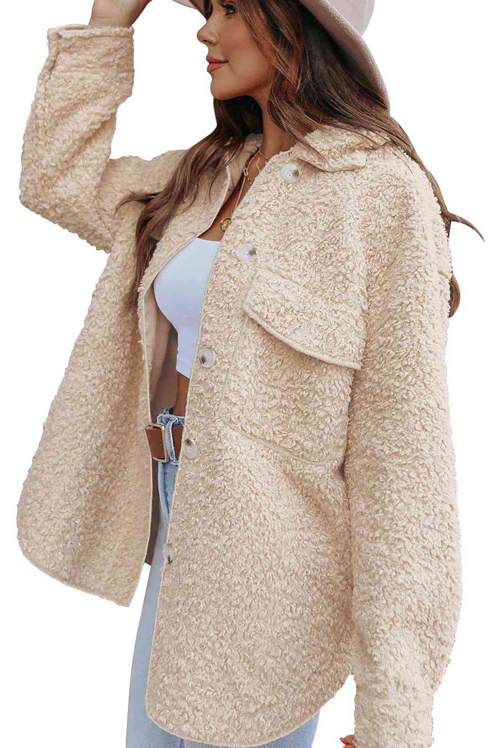 Collared Neck Button Front Sherpa Coat with Pocket