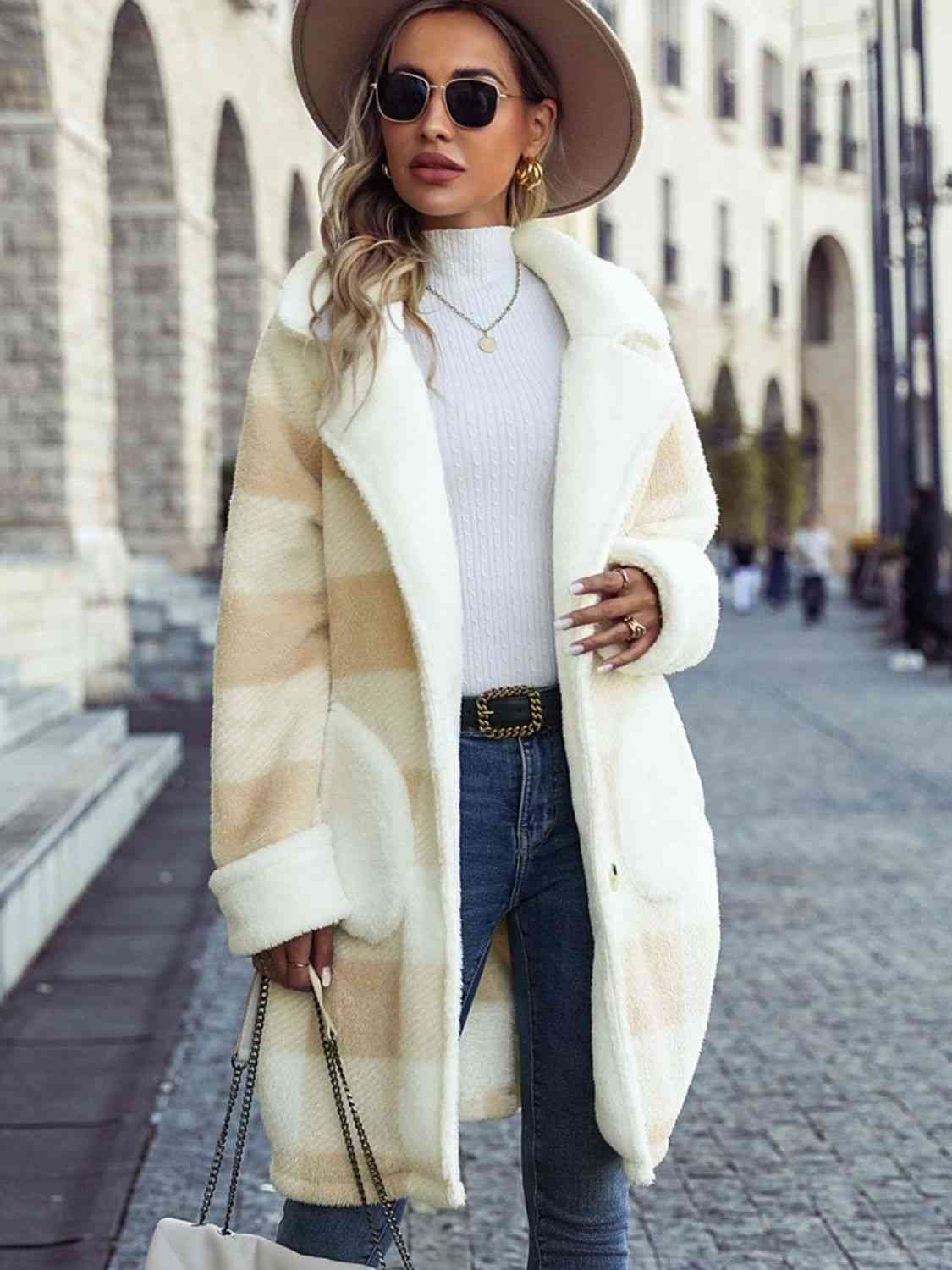 Plaid Button Down Long Sherpa Coat with Pockets