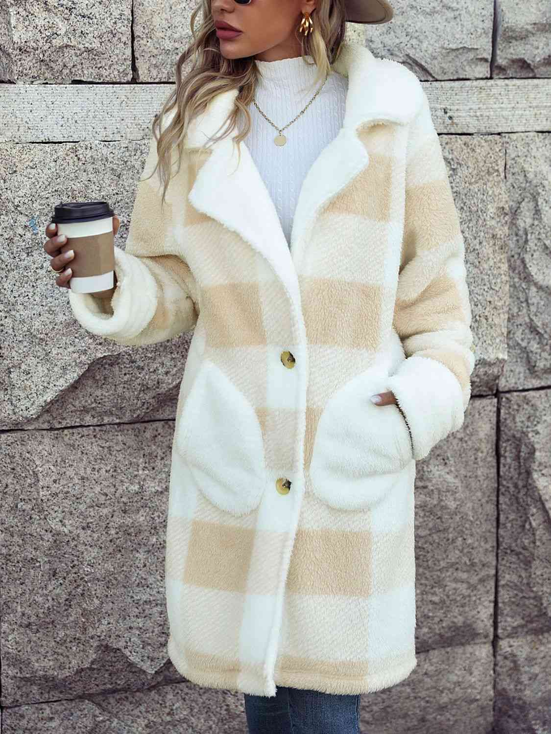 Plaid Button Down Long Sherpa Coat with Pockets