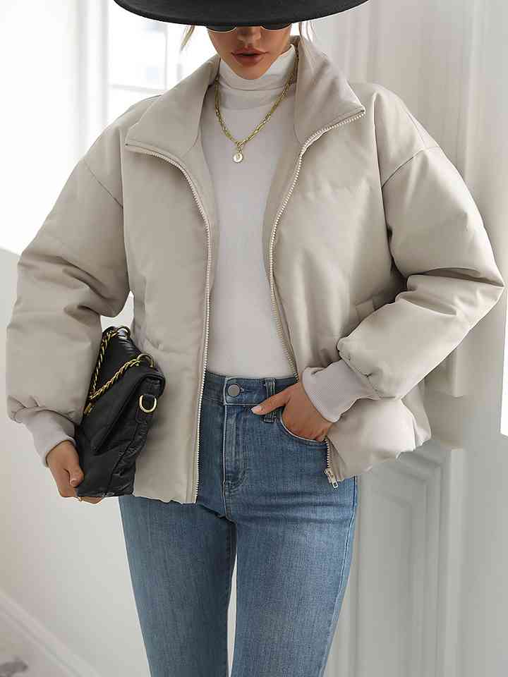 Cream Zip-Up Drop Shoulder Puffer Jacket