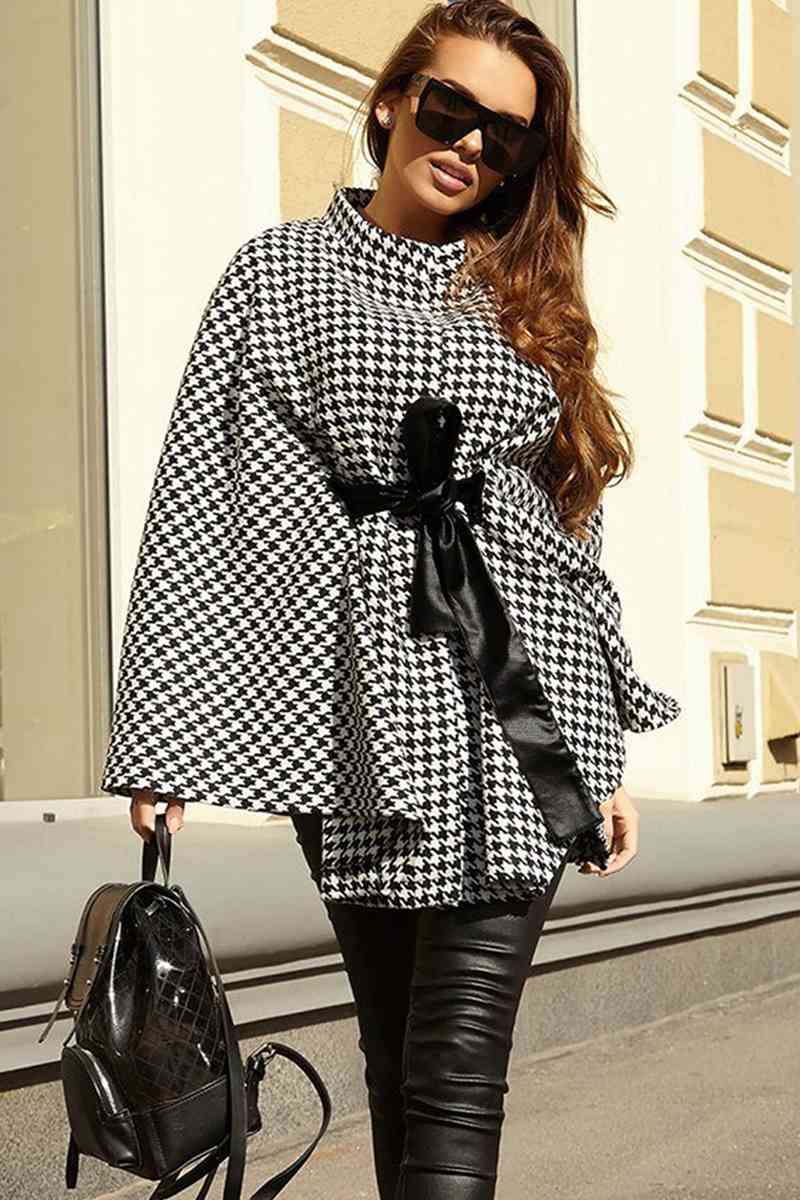 Houndstooth Tie Waist Cowl Neck Cape