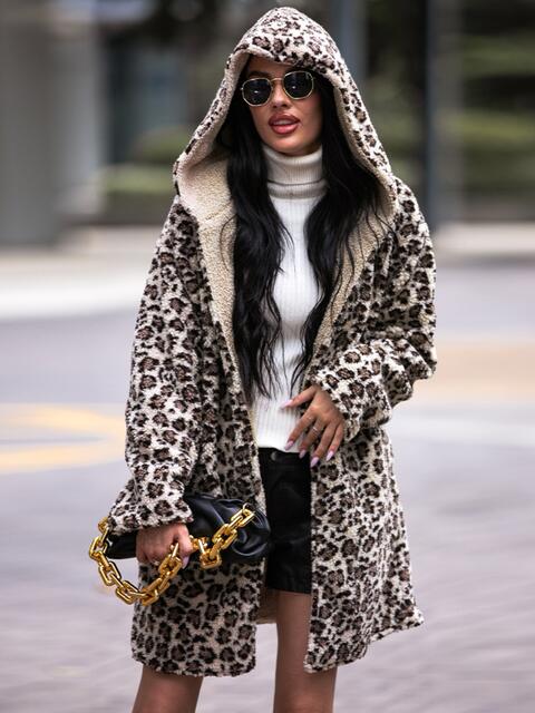 Leopard Print Hooded Sherpa Teddy Coat