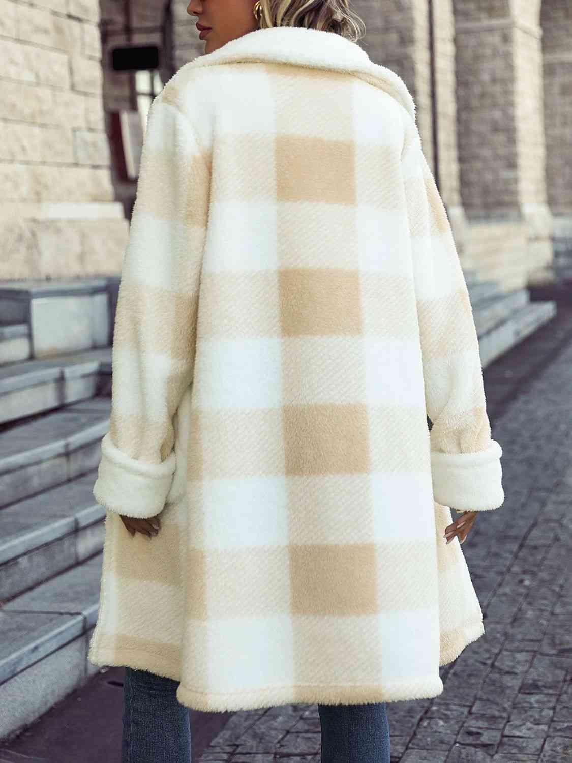 Plaid Button Down Long Sherpa Coat with Pockets