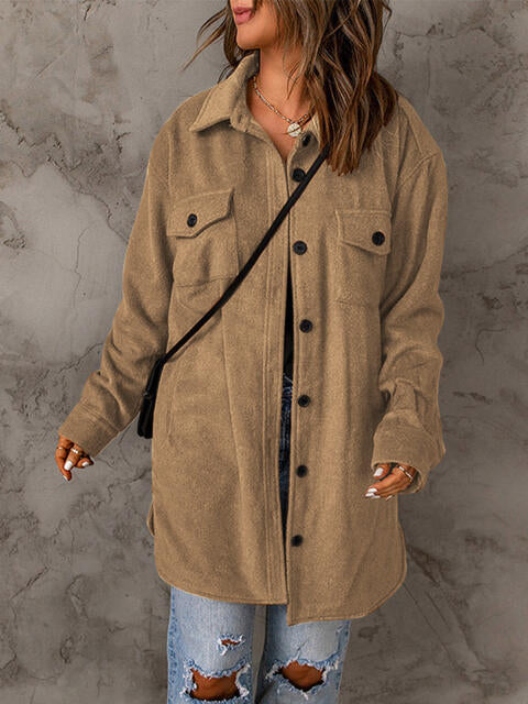 Drop Shoulder Button Down Collared Longline Shacket Coat