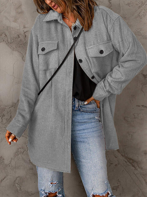 Drop Shoulder Button Down Collared Longline Shacket Coat