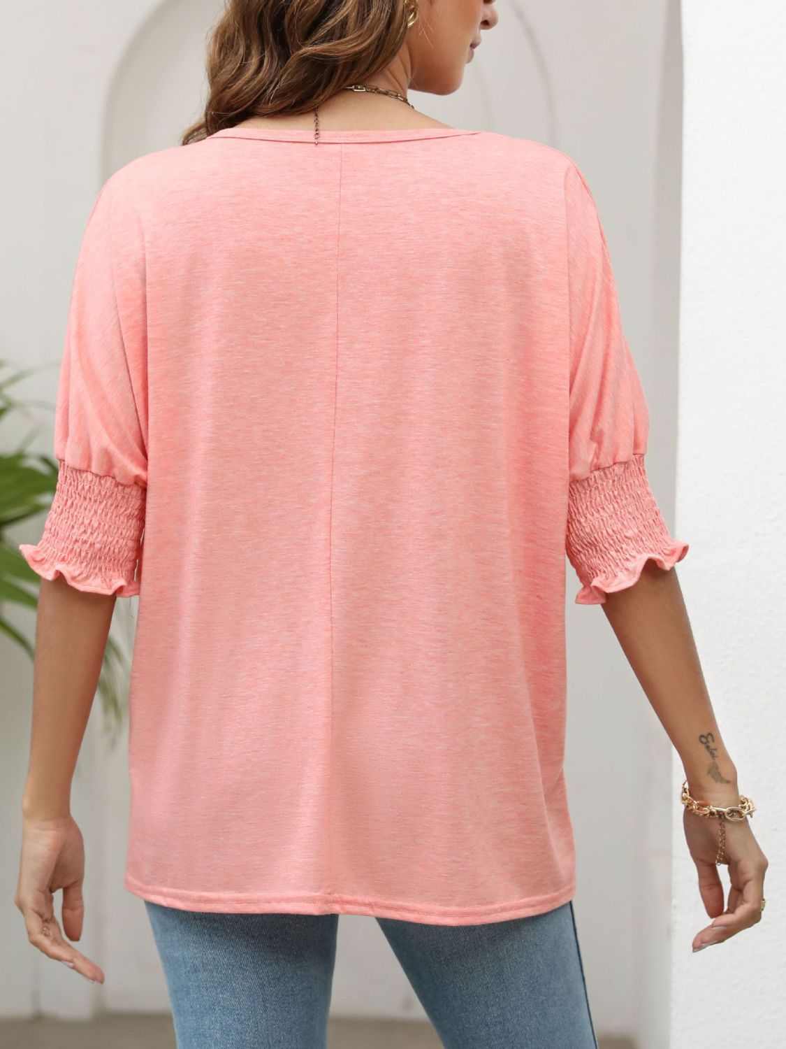 Smocked Flounce Sleeve Round Neck T-Shirt