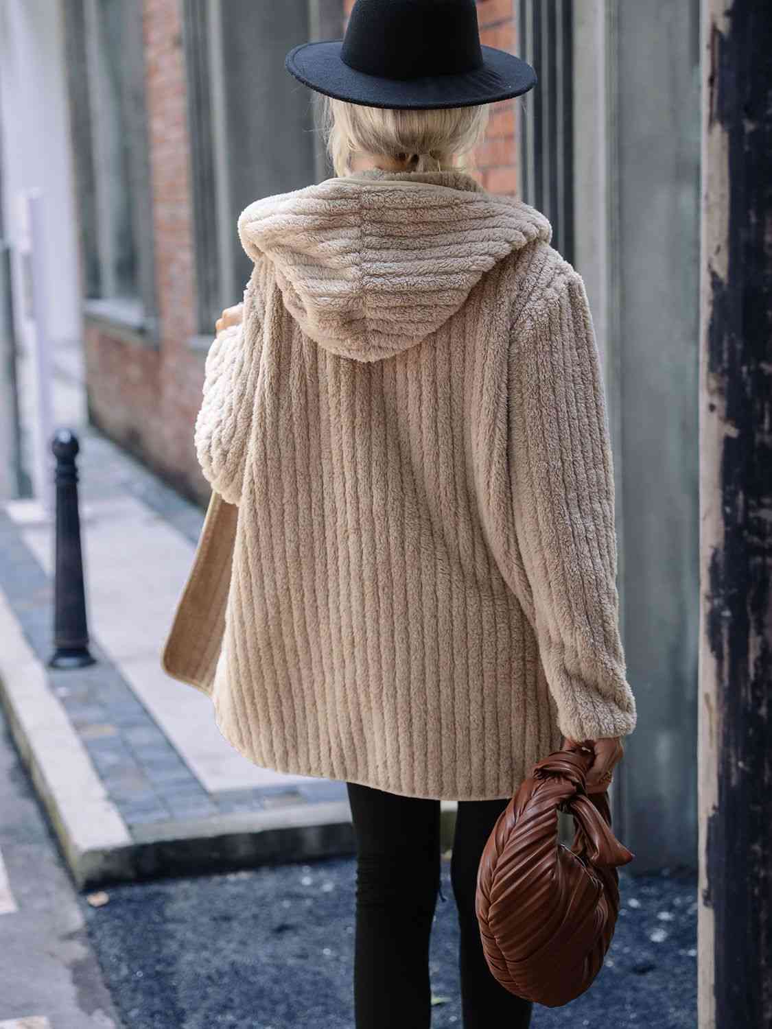 Open Front Ribbed Hooded Sweater Cardigan Coat