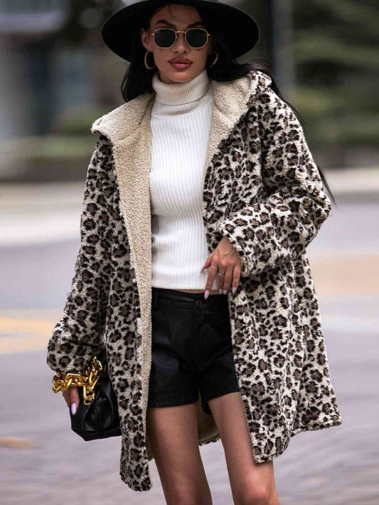 Leopard Hooded Sherpa Coat with Pockets