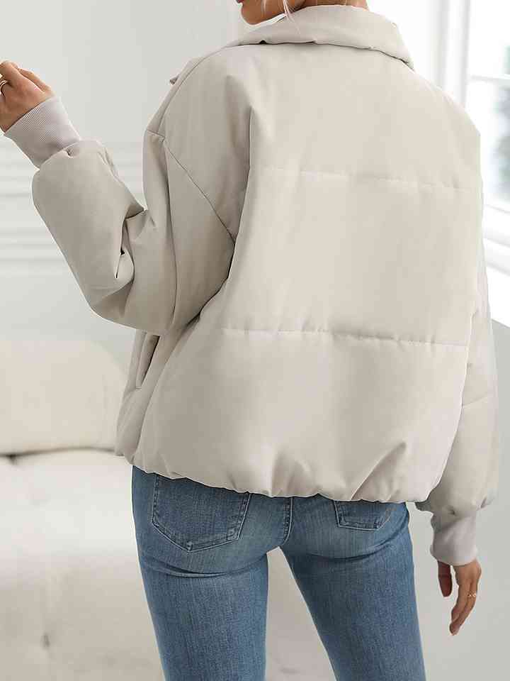 Cream Zip-Up Drop Shoulder Puffer Jacket