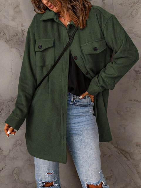 Drop Shoulder Button Down Collared Longline Shacket Coat