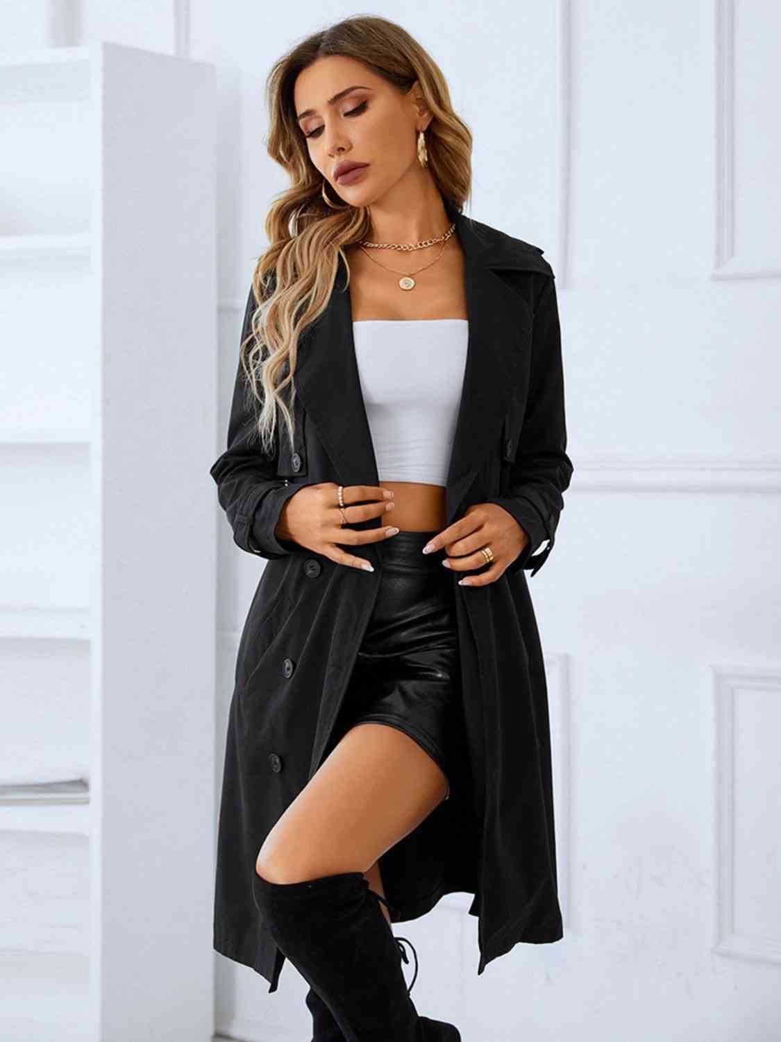 Classic Black Lapel Collar Tie Belt Double-Breasted Trench Coat