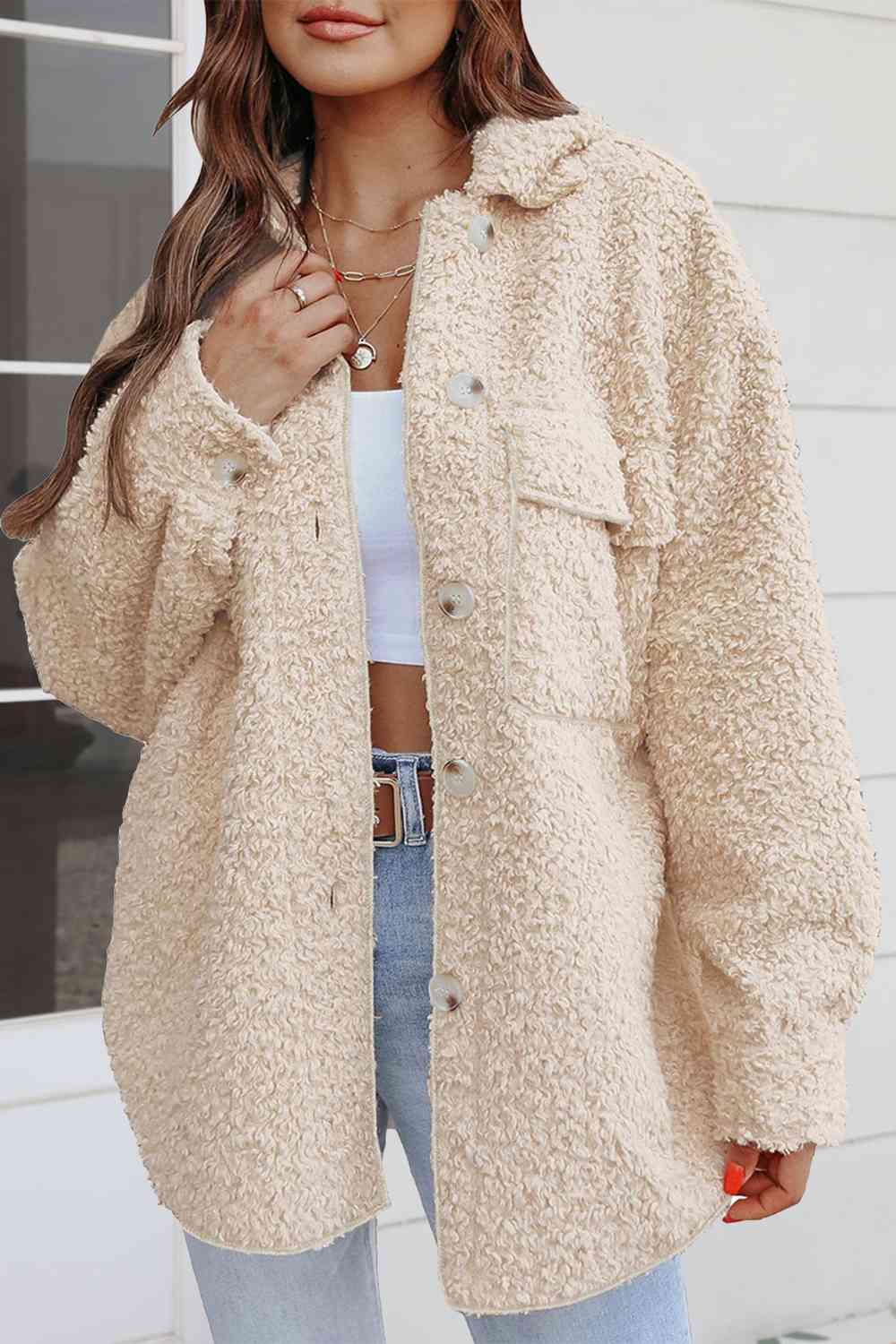 Collared Neck Button Front Sherpa Coat with Pocket